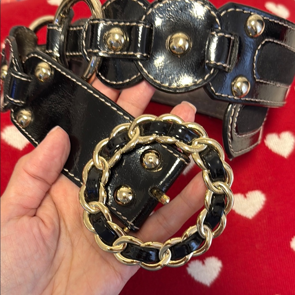 Kathy Van Zeeland Black Leather Belt with Chain Detail